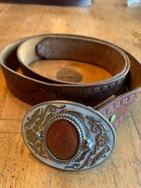 Western Brown Leather Men's Belt with Decorative Stone Oval Buckle